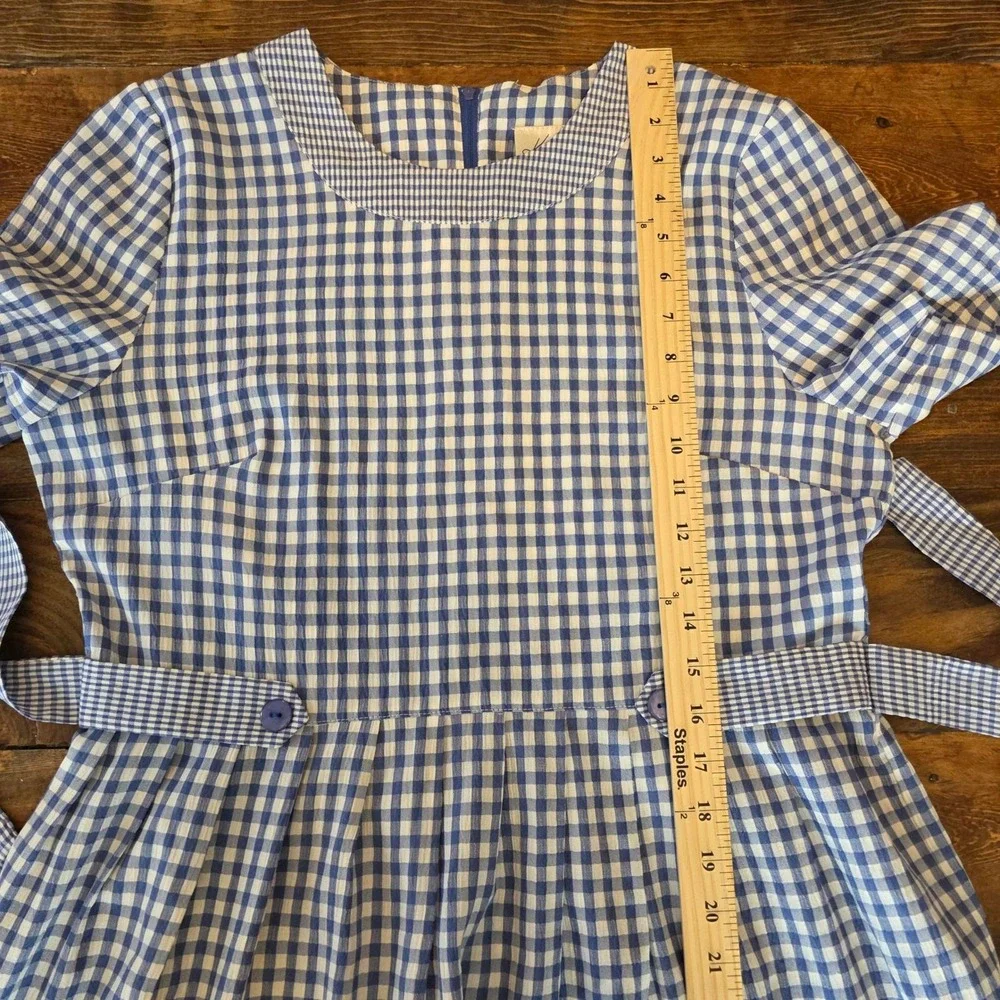 90s Vintage Blue Gingham Check Midi Sz 8 Short Sleeve Tie‎ modest cottagecore
